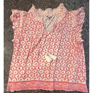 Lucky Brand Red White Paisley Boho Peasant Top Tassel Smocked Blouse Medium
